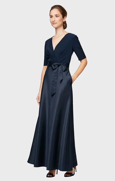 Elegant A-Line Wrap V Neck Half Sleeve Plain Zip Back Satin Sash Maxi Mother Of The Bride Dress