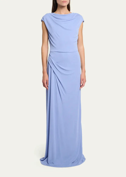 Elegant A-Line Cowl Neck Cap Sleeve Draped Floor Length Evening Dress