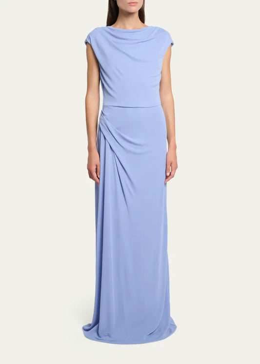 Elegant A Line Cowl Neck Cap Sleeves Simple Back Floor Length Evening Dress
