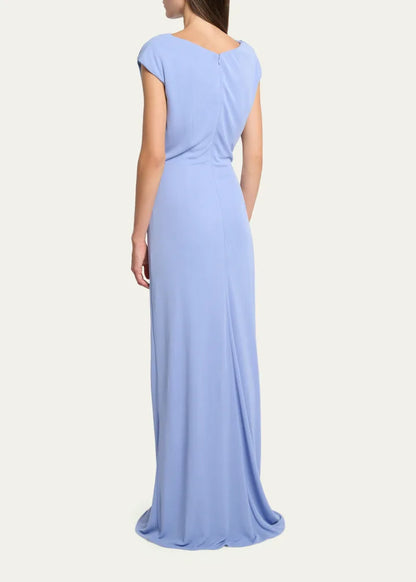 Elegant A-Line Cowl Neck Cap Sleeve Draped Floor Length Evening Dress
