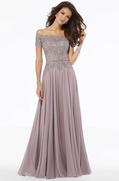 Elegant A Line Off The Shoulder Short Sleeve Lace Back Floor Length Mother of the Bride Dress