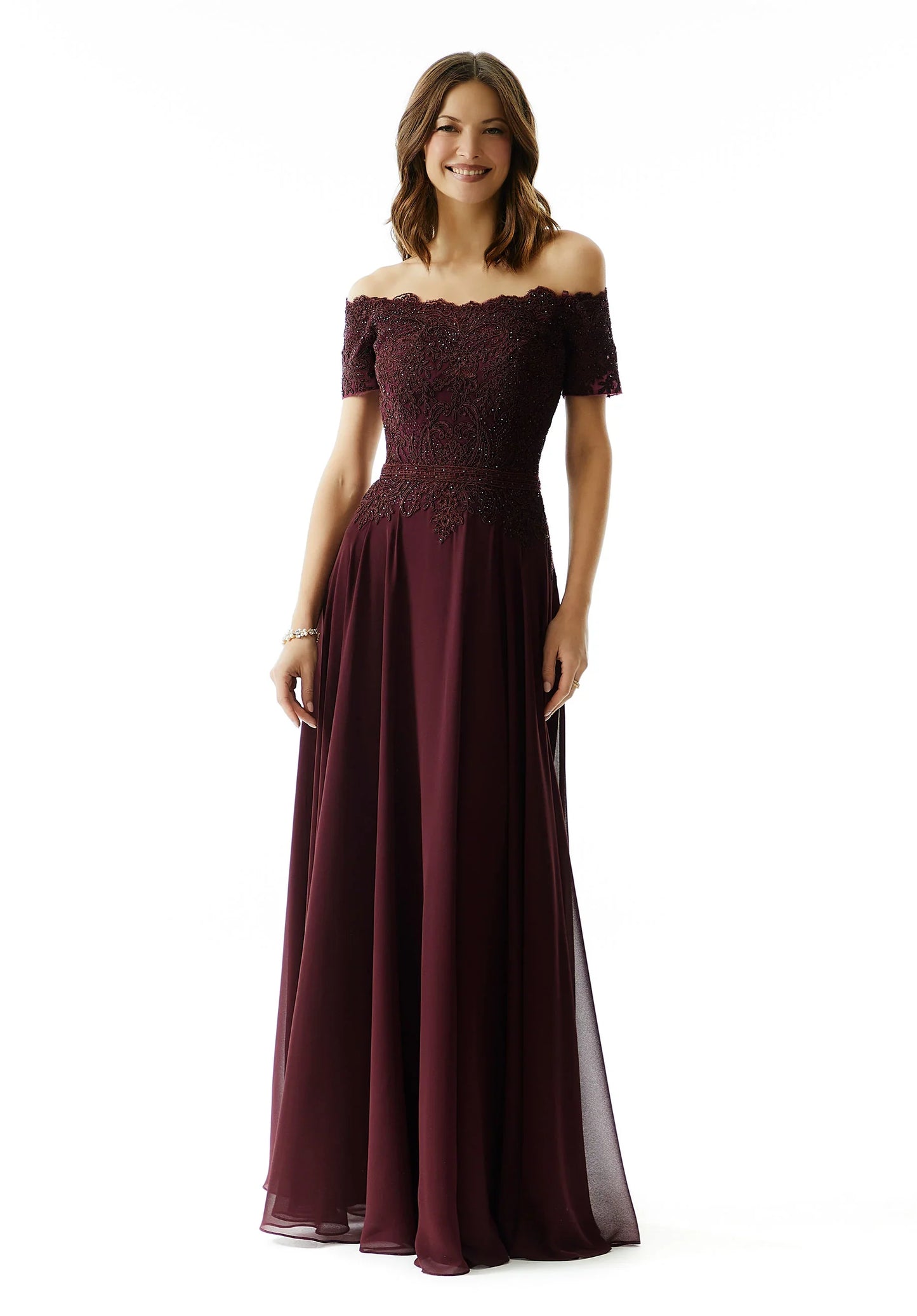 Elegant A Line Off The Shoulder Short Sleeve Lace Back Floor Length Mother of the Bride Dress