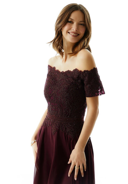 Elegant A Line Off The Shoulder Short Sleeve Lace Back Floor Length Mother of the Bride Dress