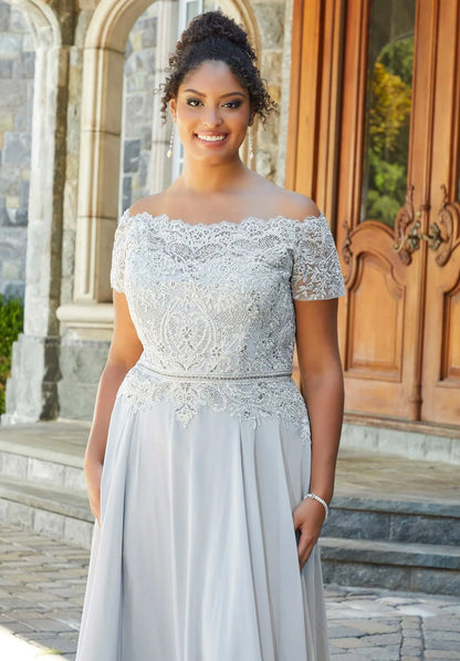 Elegant A Line Off The Shoulder Short Sleeve Lace Back Floor Length Mother of the Bride Dress