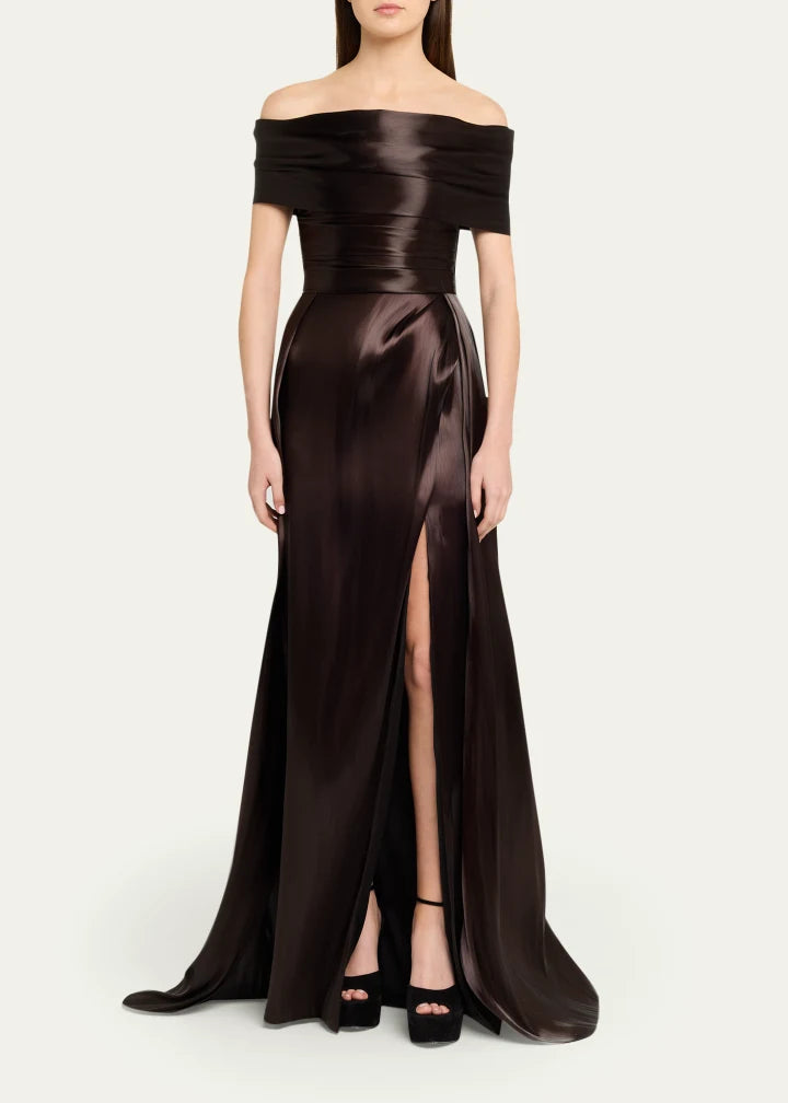 Elegant Satin A-Line Off-Shoulder Short Sleeve Ruched Slit Floor Length Evening Dress