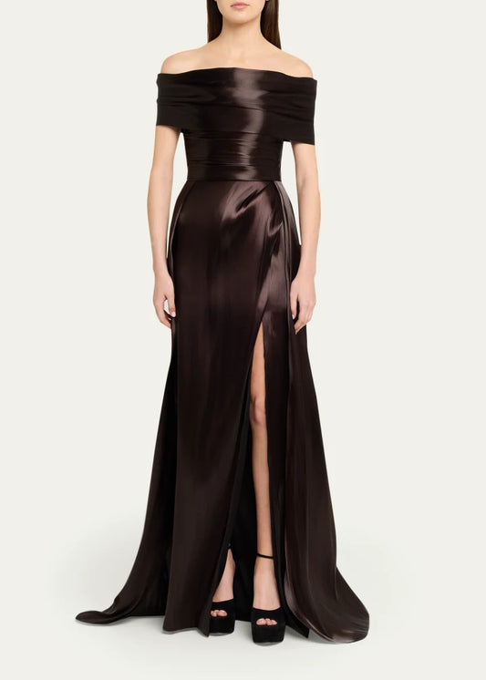 Elegant A Line Off The Shoulder Short Sleeves Simple Back Slit Floor Length Evening Dress