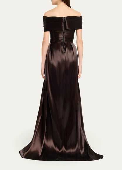 Elegant Satin A-Line Off-Shoulder Short Sleeve Ruched Slit Floor Length Evening Dress