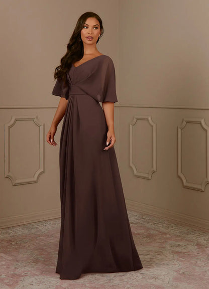 Elegant A Line V Neck Cape Sleeve Chiffon Floor Length Mother of the Bride Dress