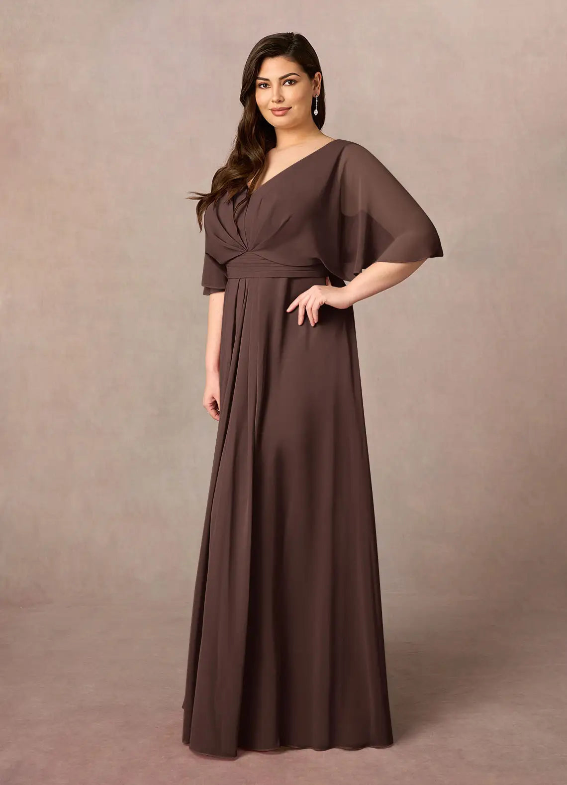 Elegant A Line V Neck Cape Sleeve Chiffon Floor Length Mother of the Bride Dress