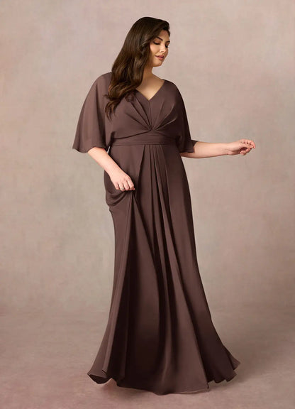 Elegant A Line V Neck Cape Sleeve Chiffon Floor Length Mother of the Bride Dress
