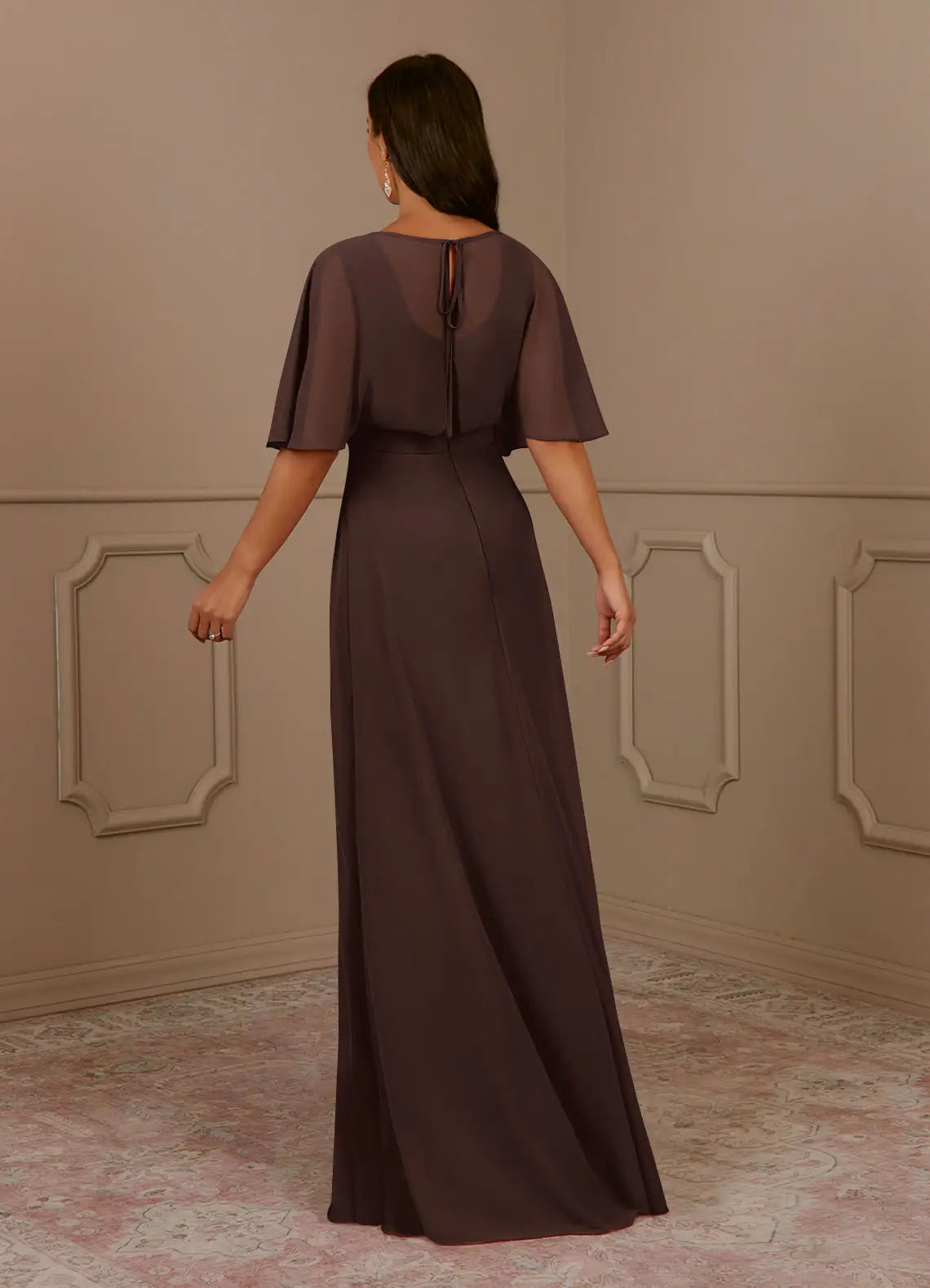 Elegant A Line V Neck Cape Sleeve Chiffon Floor Length Mother of the Bride Dress