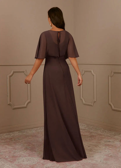 Elegant A Line V Neck Cape Sleeve Chiffon Floor Length Mother of the Bride Dress