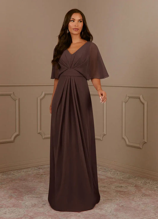 Elegant A Line V Neck Cape Sleeve Chiffon Floor Length Mother of the Bride Dress