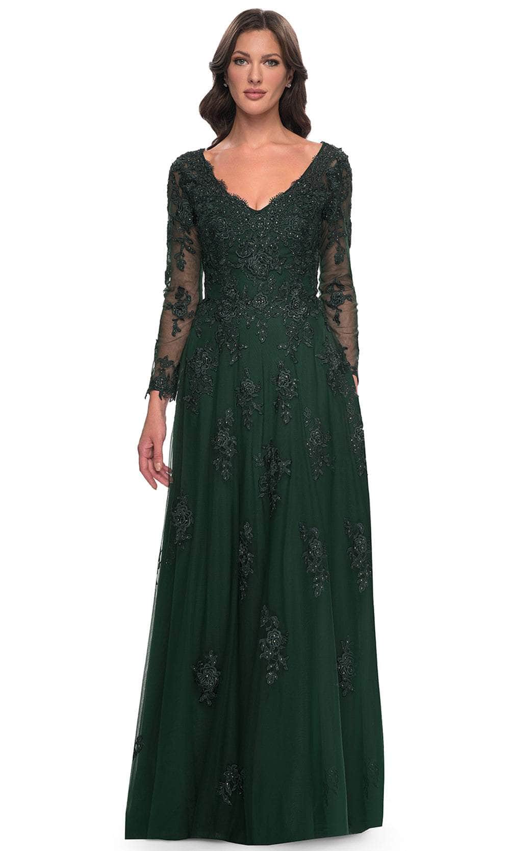 Elegant A Line V Neck Long Sleeve Lace Appliqué Floor Length Mother of the Bride Dress