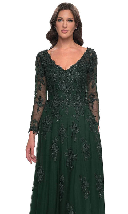 Elegant A Line V Neck Long Sleeve Lace Appliqué Floor Length Mother of the Bride Dress