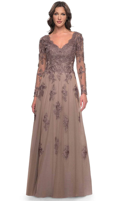 Elegant A Line V Neck Long Sleeve Lace Appliqué Floor Length Mother of the Bride Dress