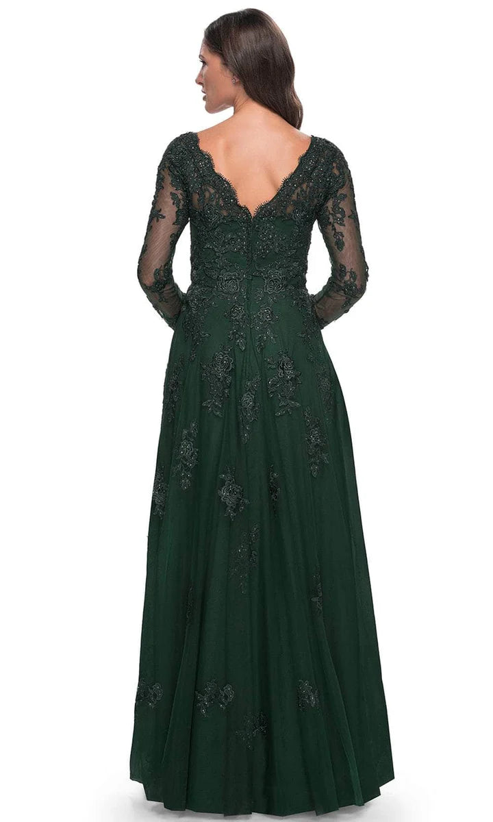 Elegant A Line V Neck Long Sleeve Lace Appliqué Floor Length Mother of the Bride Dress