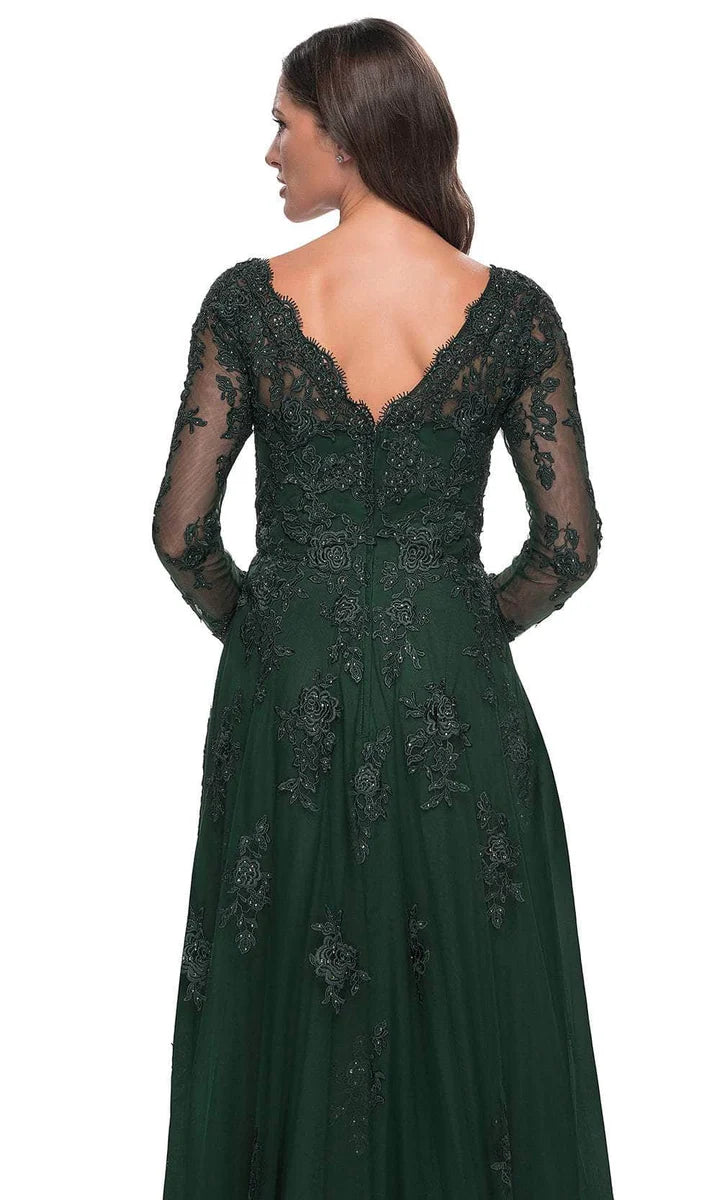 Elegant A Line V Neck Long Sleeve Lace Appliqué Floor Length Mother of the Bride Dress