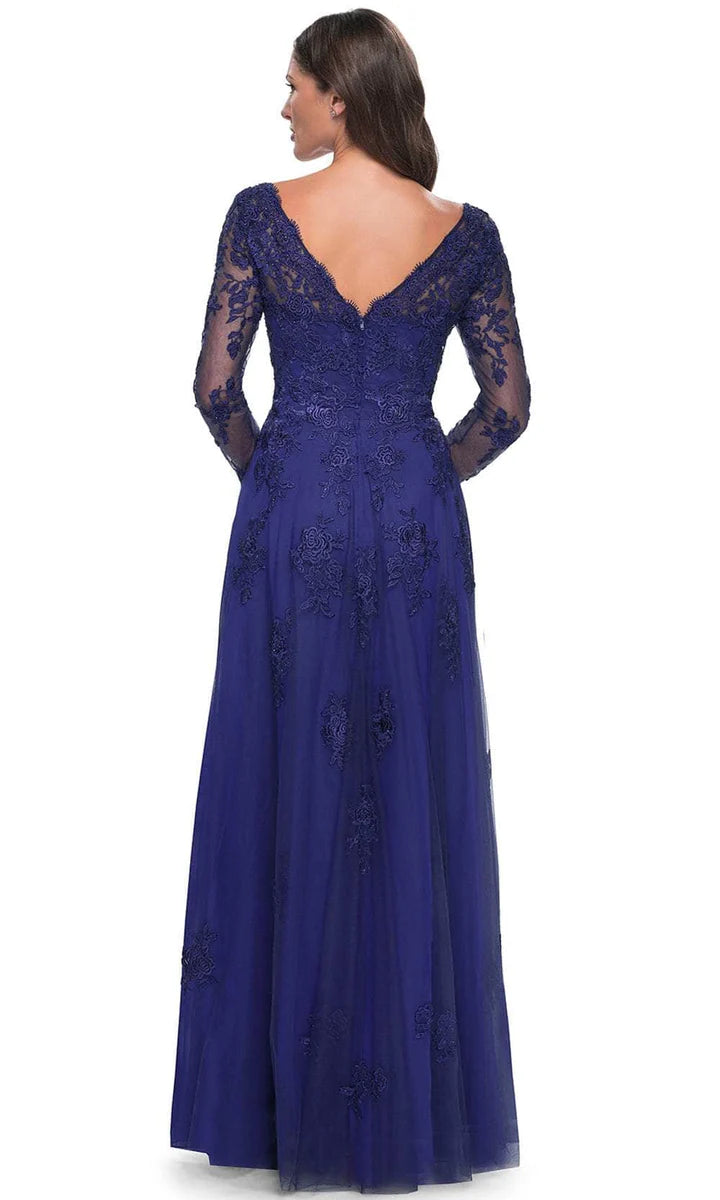 Elegant A Line V Neck Long Sleeve Lace Appliqué Floor Length Mother of the Bride Dress
