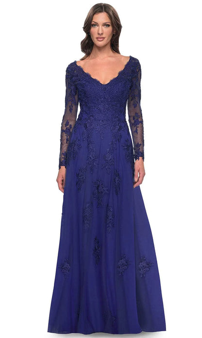 Elegant A Line V Neck Long Sleeve Lace Appliqué Floor Length Mother of the Bride Dress