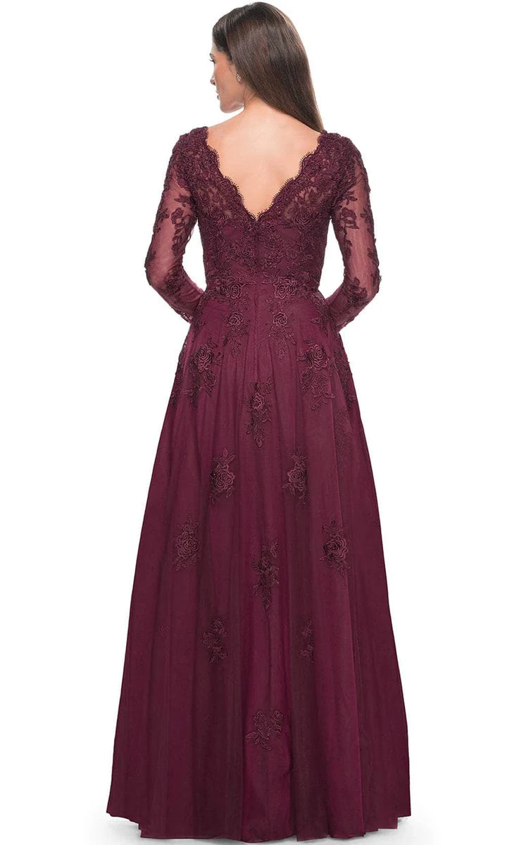 Elegant A Line V Neck Long Sleeve Lace Appliqué Floor Length Mother of the Bride Dress