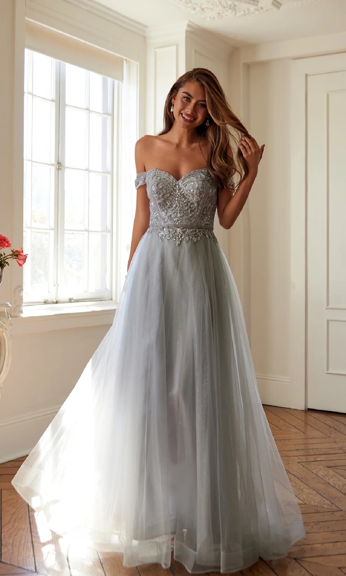 Elegant Beaded Off-Shoulder Ball Gown Floor-Length Prom Dress with Tulle Skirt