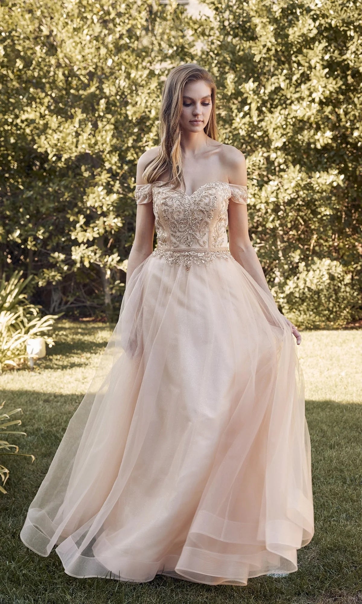 Elegant Beaded Off-Shoulder Ball Gown Floor-Length Prom Dress with Tulle Skirt