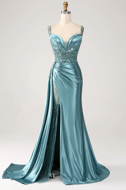 Elegant Beaded Spaghetti Strap Mermaid Prom Dresses with High Slit and Satin Skirt