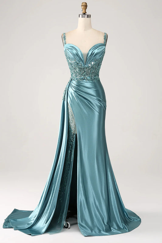 Elegant Beaded Spaghetti Strap Mermaid Prom Dresses with High Slit and Satin Skirt