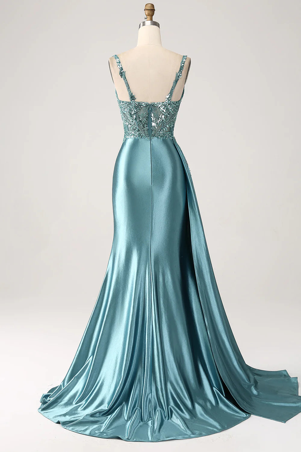Elegant Beaded Spaghetti Strap Mermaid Prom Dresses with High Slit and Satin Skirt