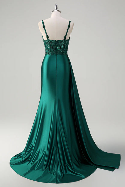 Elegant Beaded Spaghetti Strap Mermaid Prom Dresses with High Slit and Satin Skirt