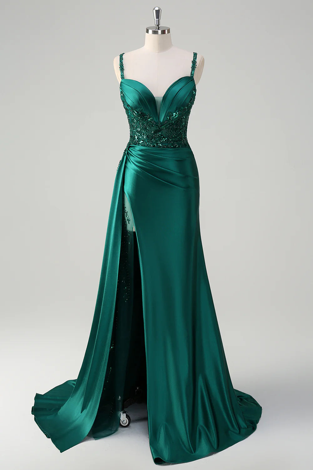 Elegant Beaded Spaghetti Strap Mermaid Prom Dresses with High Slit and Satin Skirt