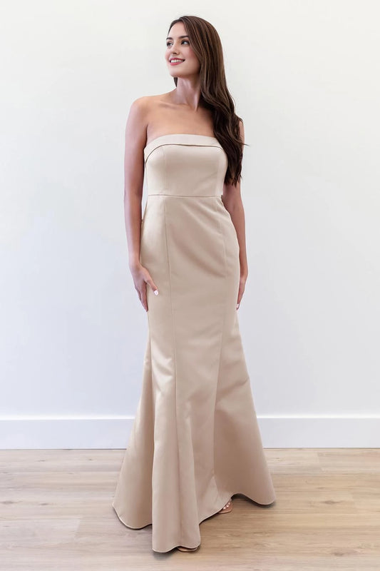 Elegant Beige Off the Shoulder Neck Strapless Bow-Back Mermaid Satin Floor-Length Evening Dress