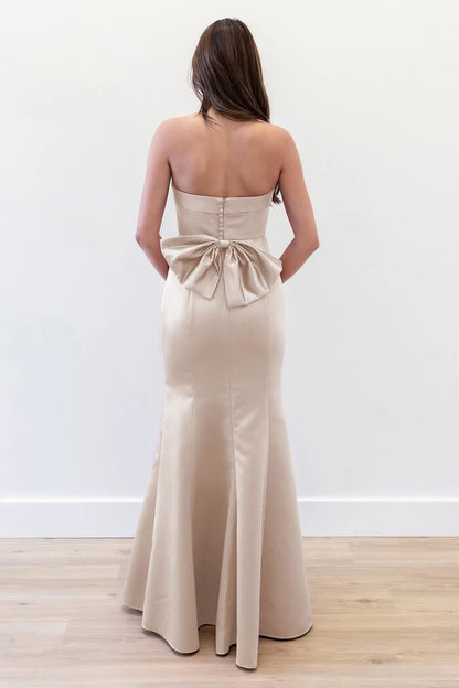 Elegant Beige Off the Shoulder Neck Strapless Bow-Back Mermaid Satin Floor-Length Evening Dress