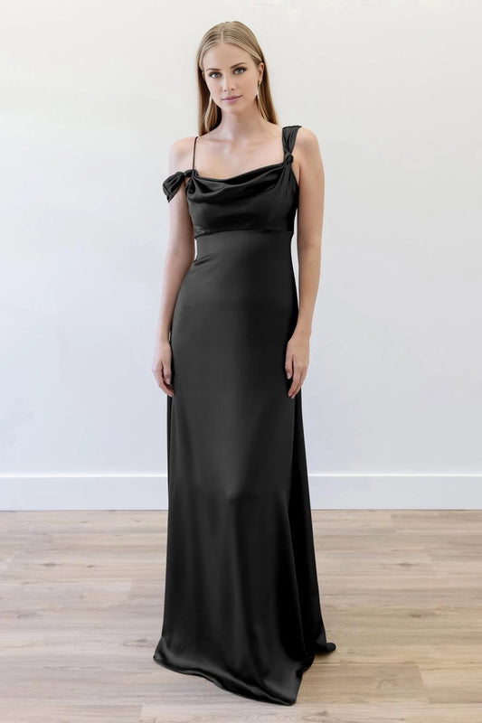 Elegant Black Asymmetrical Strap Cowl Neck Sleeveless Floor-Length Evening Dress