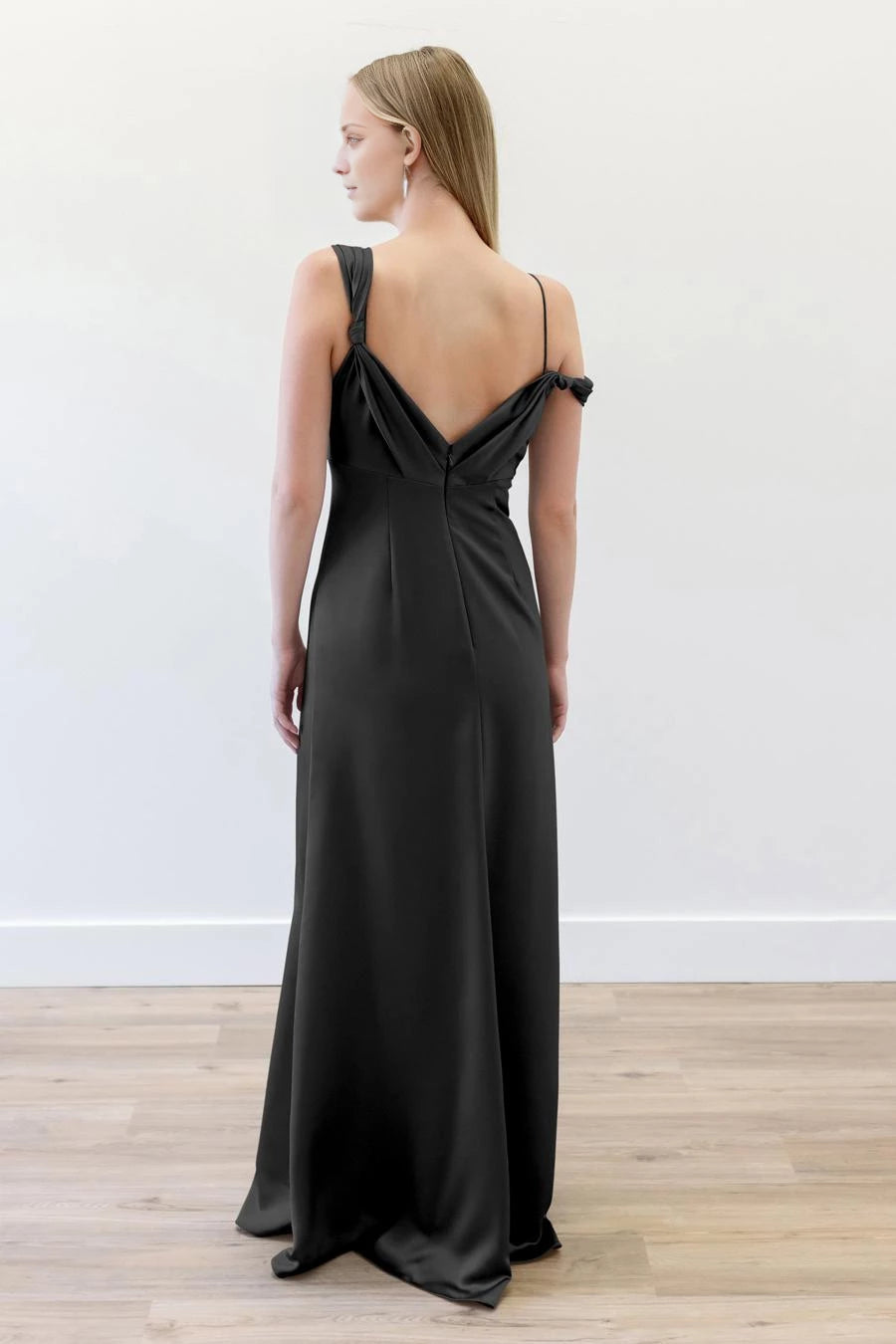 Elegant Black Asymmetrical Strap Cowl Neck Sleeveless Floor-Length Evening Dress
