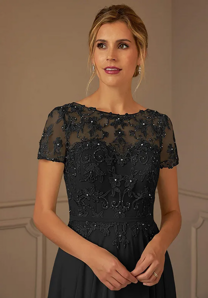 Elegant Black Chiffon A-Line Lace Illusion Short Sleeve Keyhole-Back Mother of the Bride Dress