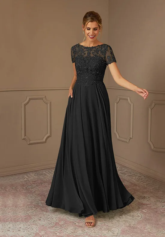 Elegant Black Chiffon A-Line Lace Illusion Short Sleeve Keyhole-Back Mother of the Bride Dress