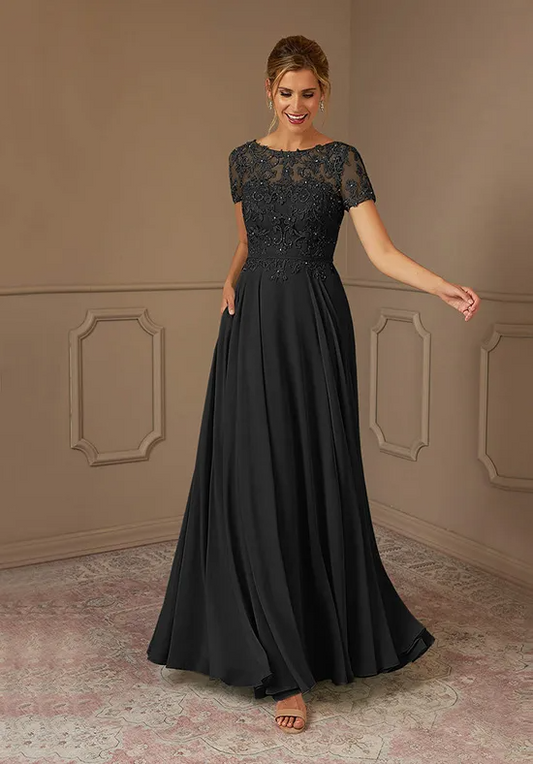 Elegant Black Chiffon A-Line Lace Illusion Short Sleeve Keyhole-Back Mother of the Bride Dress