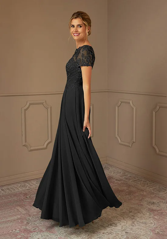 Elegant Black Chiffon A-Line Lace Illusion Short Sleeve Keyhole-Back Mother of the Bride Dress