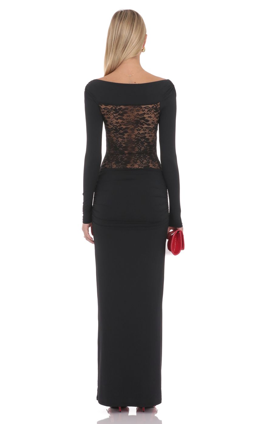 Elegant Black Off-the-shoulder Sweetheart Neck Lace Panel Long Sleeve Ruched Stretch Jersey Bodycon Floor-length Evening Dresses
