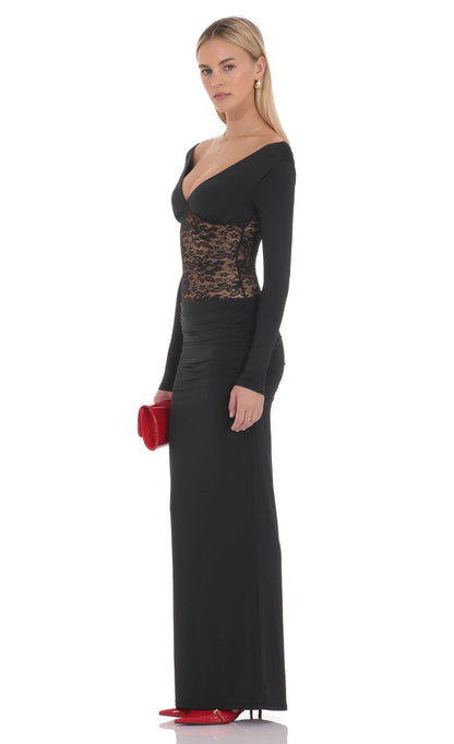 Elegant Black Off-the-shoulder Sweetheart Neck Lace Panel Long Sleeve Ruched Stretch Jersey Bodycon Floor-length Evening Dresses