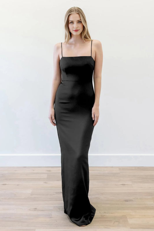 Elegant Black Square Neck Sleeveless Spaghetti Strap Back Slit Satin Floor-Length Evening Dress