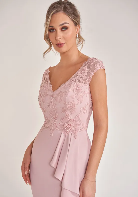 Elegant Blush Pink Lace-Crepe Mermaid Off-the-Shoulder Floor-Length Slit Mother of the Bride Dress