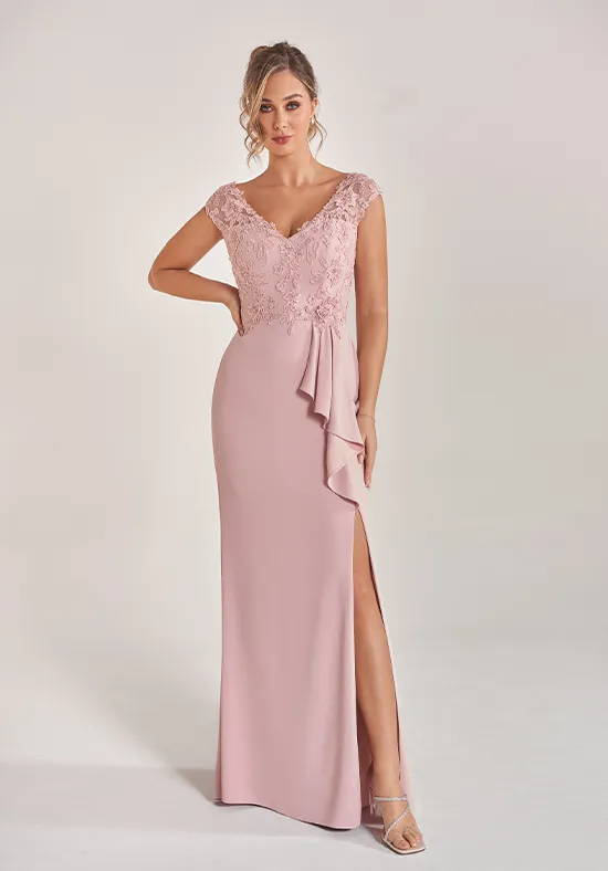Elegant Blush Pink Lace-Crepe Mermaid Off-the-Shoulder Floor-Length Slit Mother of the Bride Dress