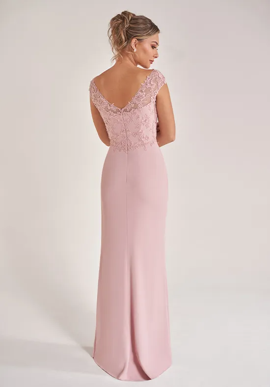 Elegant Blush Pink Lace-Crepe Mermaid Off-the-Shoulder Floor-Length Slit Mother of the Bride Dress