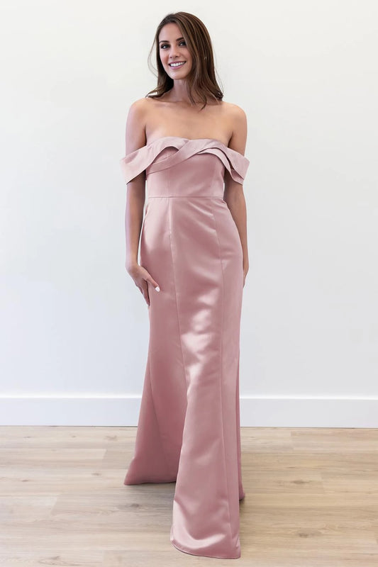Elegant Blush Pink Off-Shoulder Neck Sleeveless Ruffle Mermaid Satin Floor-Length Evening Dress