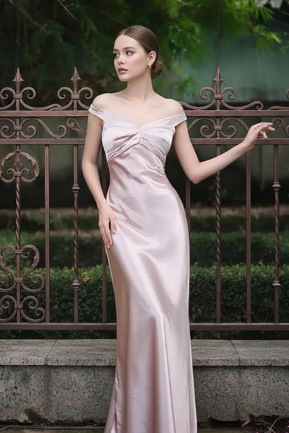 Elegant Blush Pink Satin Evening Dress with Off-the-Shoulder Neckline, Ruched Bodice and Column Silhouette