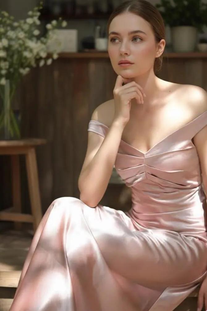 Elegant Blush Pink Satin Evening Dress with Off-the-Shoulder Neckline, Ruched Bodice and Column Silhouette