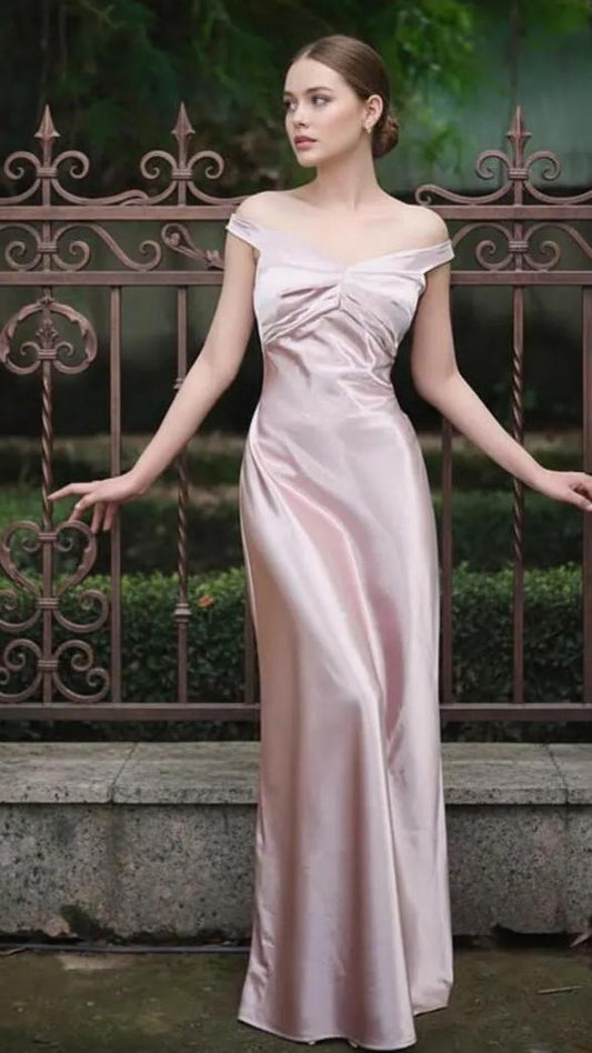 Elegant Blush Pink Satin Evening Dress with Off-the-Shoulder Neckline, Ruched Bodice and Column Silhouette